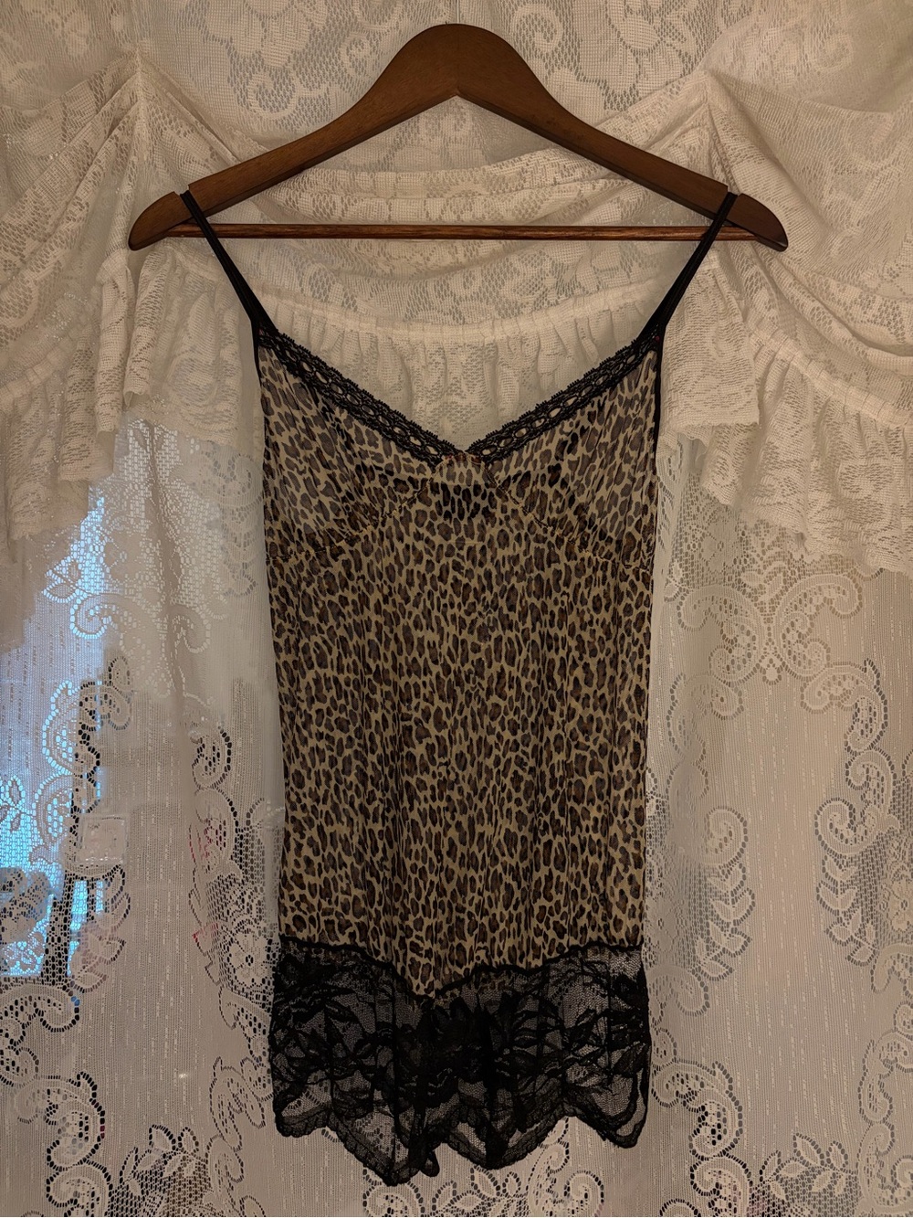 Rampage Leopard Print Slip Dress with Black Lace Trim